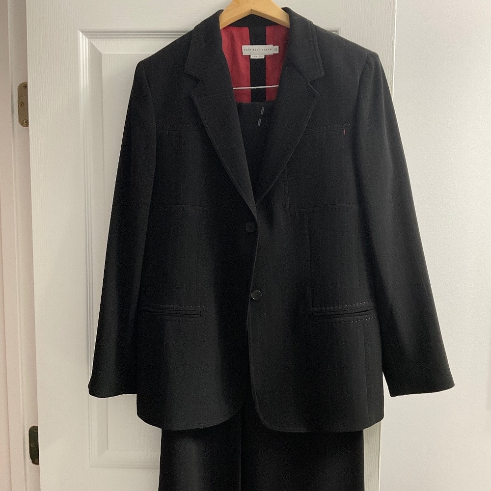 Garfield and Marks  jacket and slacks in black with fine red line and beautiful.